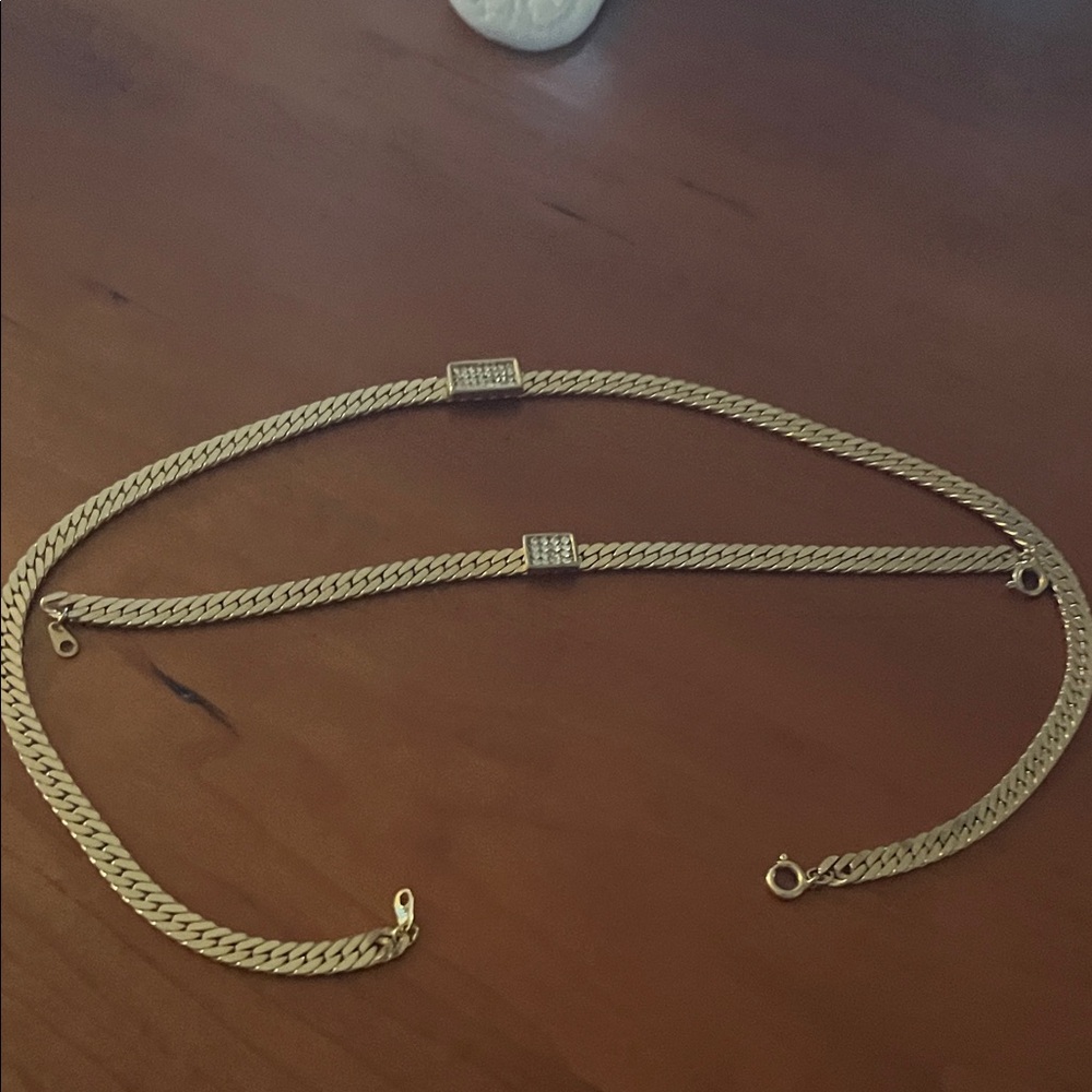 Gold Tone Herringbone Chain Necklace with Crystal Accents
